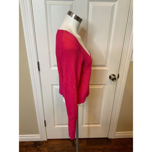 J.Crew Hot Pink & Orange Rib Knit Plunge Neckline Button-Up Cardigan, Size L - Picture 2 of 5